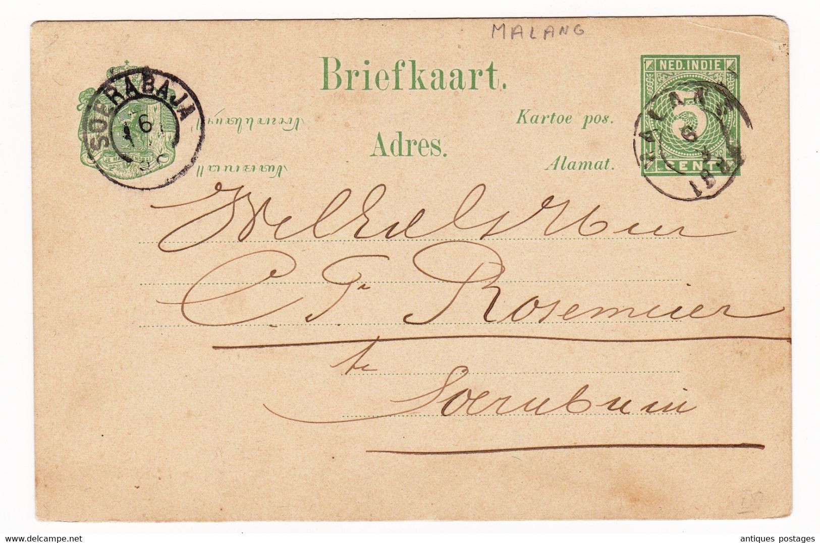 Postwaardestuk Malang Surabaya Soerabaja 1888 Indonésie Postal Stationery Entier Postal Pays Bas Nederlands Indië - Niederländisch-Indien
