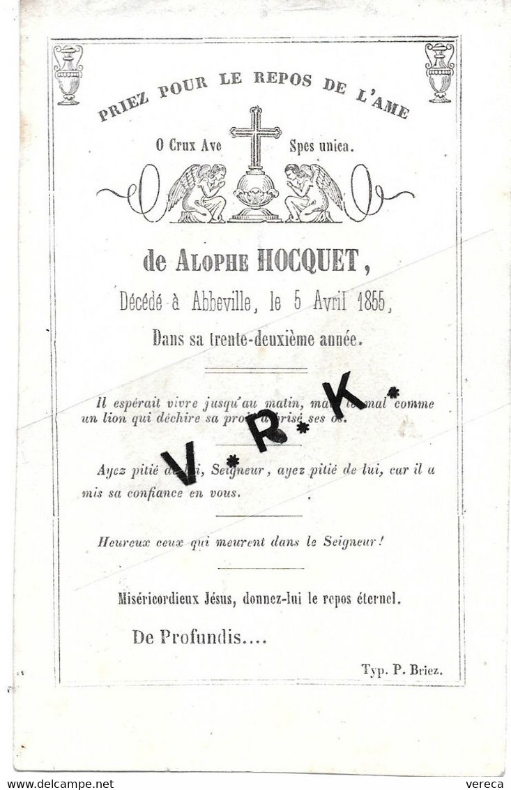 Alophe HOCQUET , + à Abbeville Le 5/4/1855 à 32 Ans - Todesanzeige