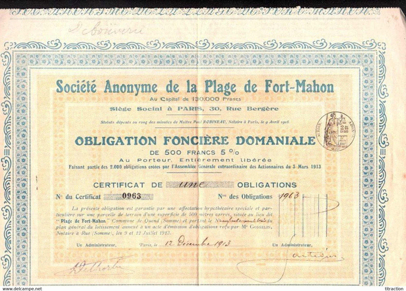 Vieux Papier ACTION Société Anonyme De La Plage De Fort Mahon Obligation Foncière Domaniale 1913 500 Frs 5% Rare 80333 - Tourisme