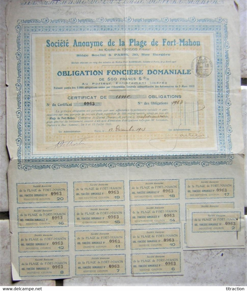 Vieux Papier ACTION Société Anonyme De La Plage De Fort Mahon Obligation Foncière Domaniale 1913 500 Frs 5% Rare 80333 - Tourisme