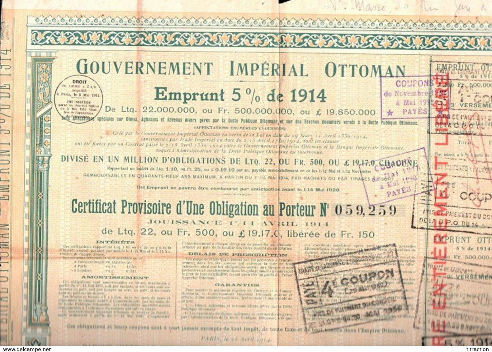 Vieux Papier Titre GOUVERNEMENT IMPERIAL OTTOMAN Emprunt 5% 1914 Certificat Provisoire D'une Obligation Au Porteur Rare - Asie