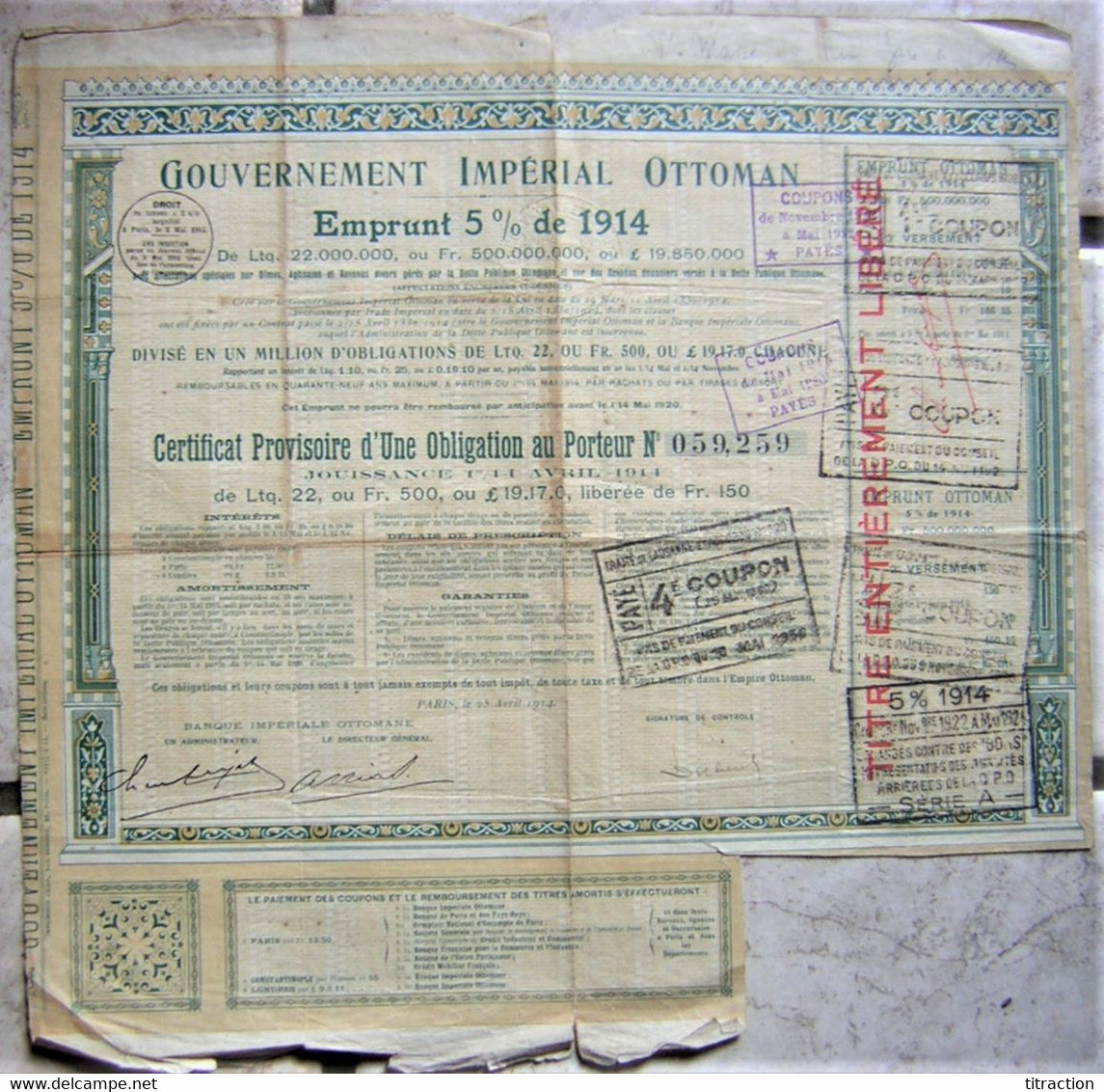 Vieux Papier Titre GOUVERNEMENT IMPERIAL OTTOMAN Emprunt 5% 1914 Certificat Provisoire D'une Obligation Au Porteur Rare - Asia