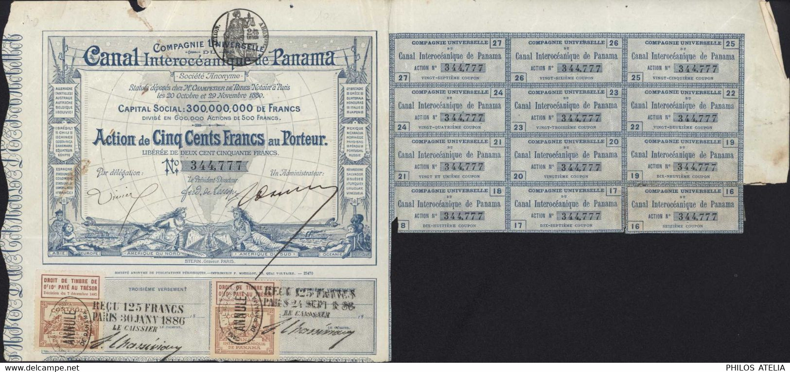 Action 500F Au Porteur Compagnie Du Canal Interocéanique De Panama 2 Timbres Annulés Paris 30 1 1886 - Transports