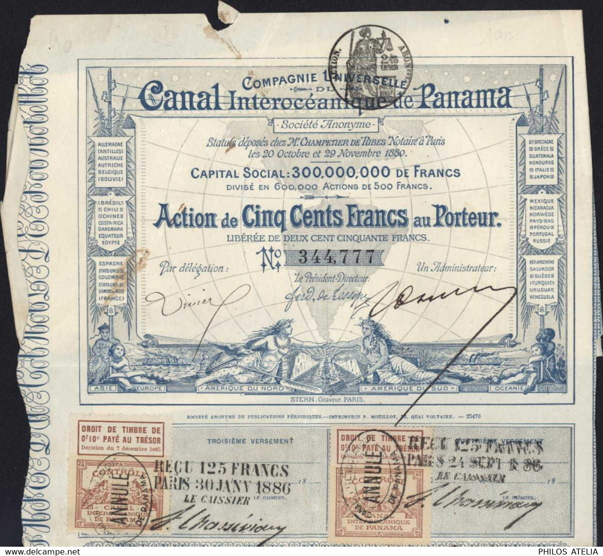 Action 500F Au Porteur Compagnie Du Canal Interocéanique De Panama 2 Timbres Annulés Paris 30 1 1886 - Verkehr & Transport