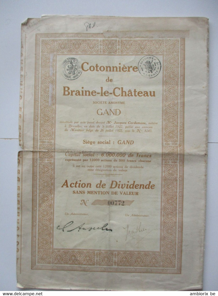 Cotonnière De Braine-le-Château  - Gand - Capital 6 000 000 - Action De Dividende - 1922 - Textiel