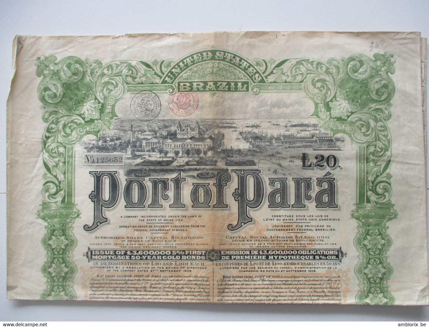 United States - Brazil - Port Of Para - Emprunt £ 3 600 000 5% Or - Obligation De £ 20 - 1906 - Navegación