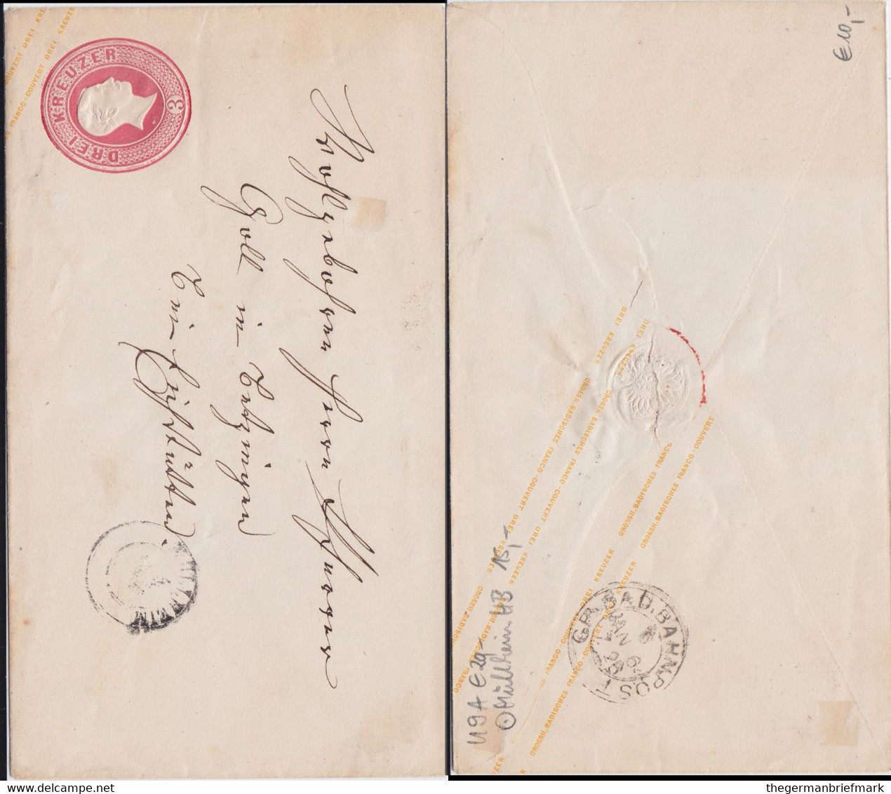 Baden Ganzsache U 9 A K2 Müllheim Rs Bahnpost N Bötzingen 1864 - Postal  Stationery