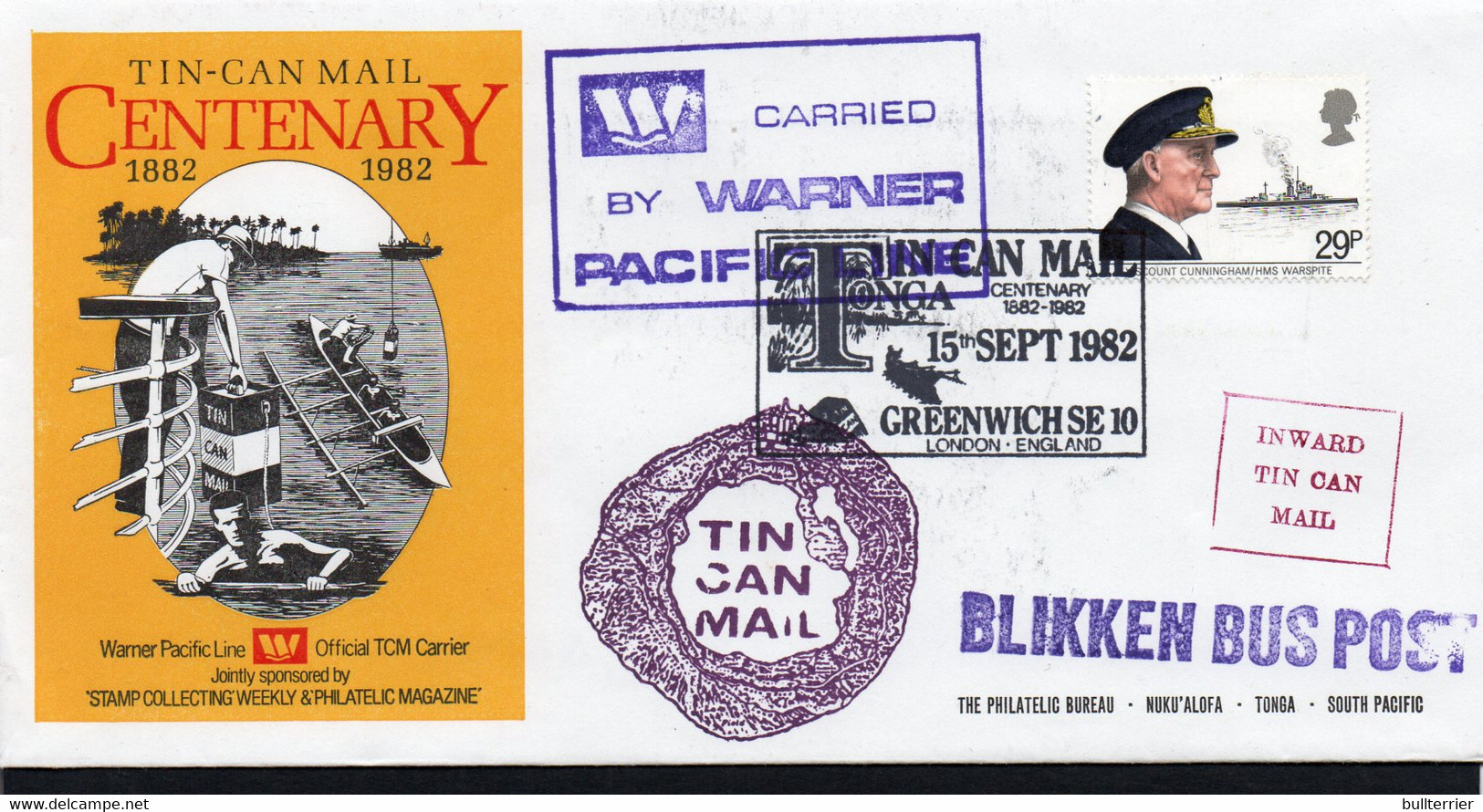 TONGA - 1982- TIN CAN MAIL CENTENARY COVER ,VARIOUS CACHETS ,ATTRACTIVE ITEM - Tonga (1970-...)