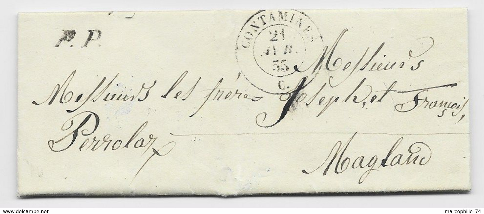 HAUTE SAVOIE CACHET SARDE CONTAMINES 21 AVR 1855 C. PP  EN NOIR LETTRE POUR MAGLAND RARE EN P.P. - 1849-1876: Période Classique