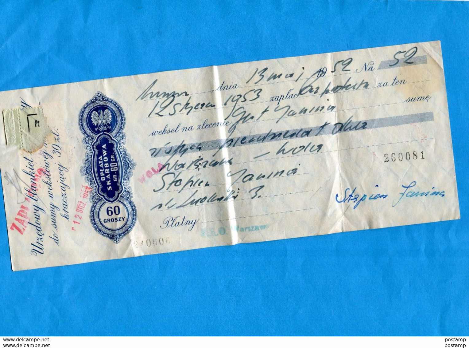 POLOGNE-*LETTRE DE CHANGE 1952-Dos Acquitté 2 Timbres FiscauxOPLATA-10+20GR - Fiscali