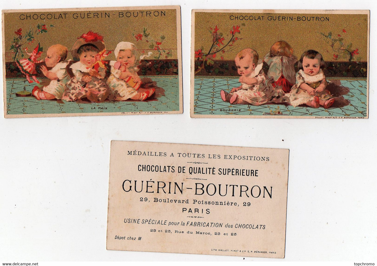 CHROMO Dorée Chocolat Guérin-Boutron Vallet-Minot Enfants Bébés Bouderie La Paix Poupée Polichinelle Baigneur (2 Chromos - Guérin-Boutron