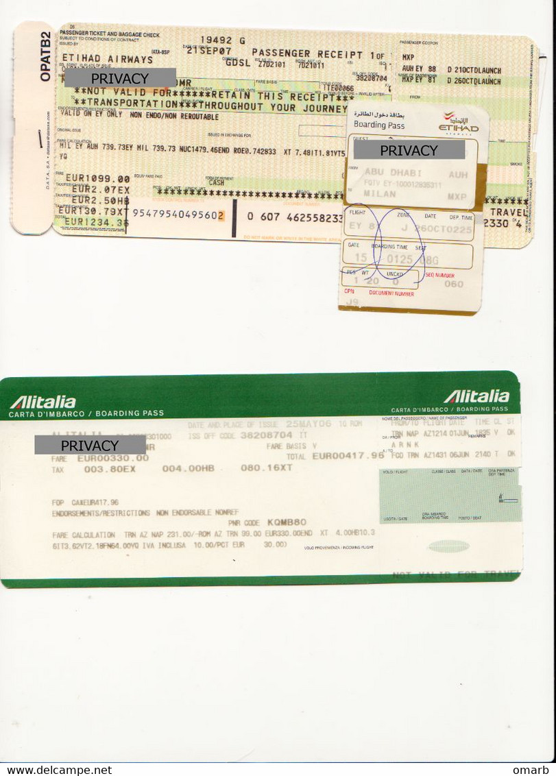 Alt1143 Alitalia Ethiad Airways Billet Avion Ticket Biglietto Aereo Boarding Pass Milan Abu Dhabi Torino Napoli Roma - Europe