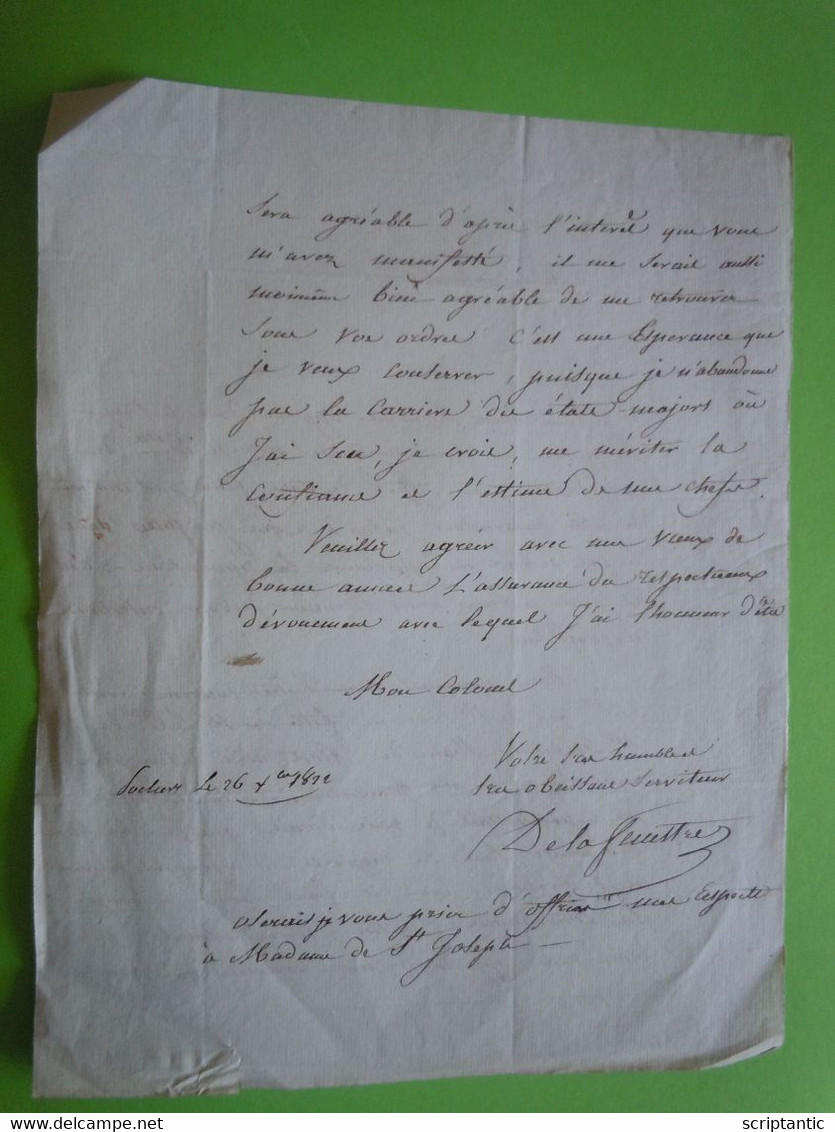 Lettre Autographe Pierre Constant Léonor BODET-DE LA FENESTRE - OFFICIER 1822 - POITIERS - Politico E Militare