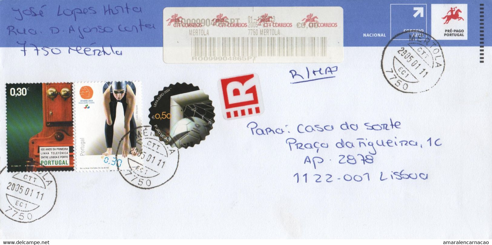 TIMBRES- FRANCOBOLLI- LETTRE RECOMMANDÉE POST BLEU- PORTUGAL- JEUX OLYMP. D'ATHENES 2004- PARALYMPIC - NAGER ET  AUTRES - Eté 2004: Athènes - Paralympic