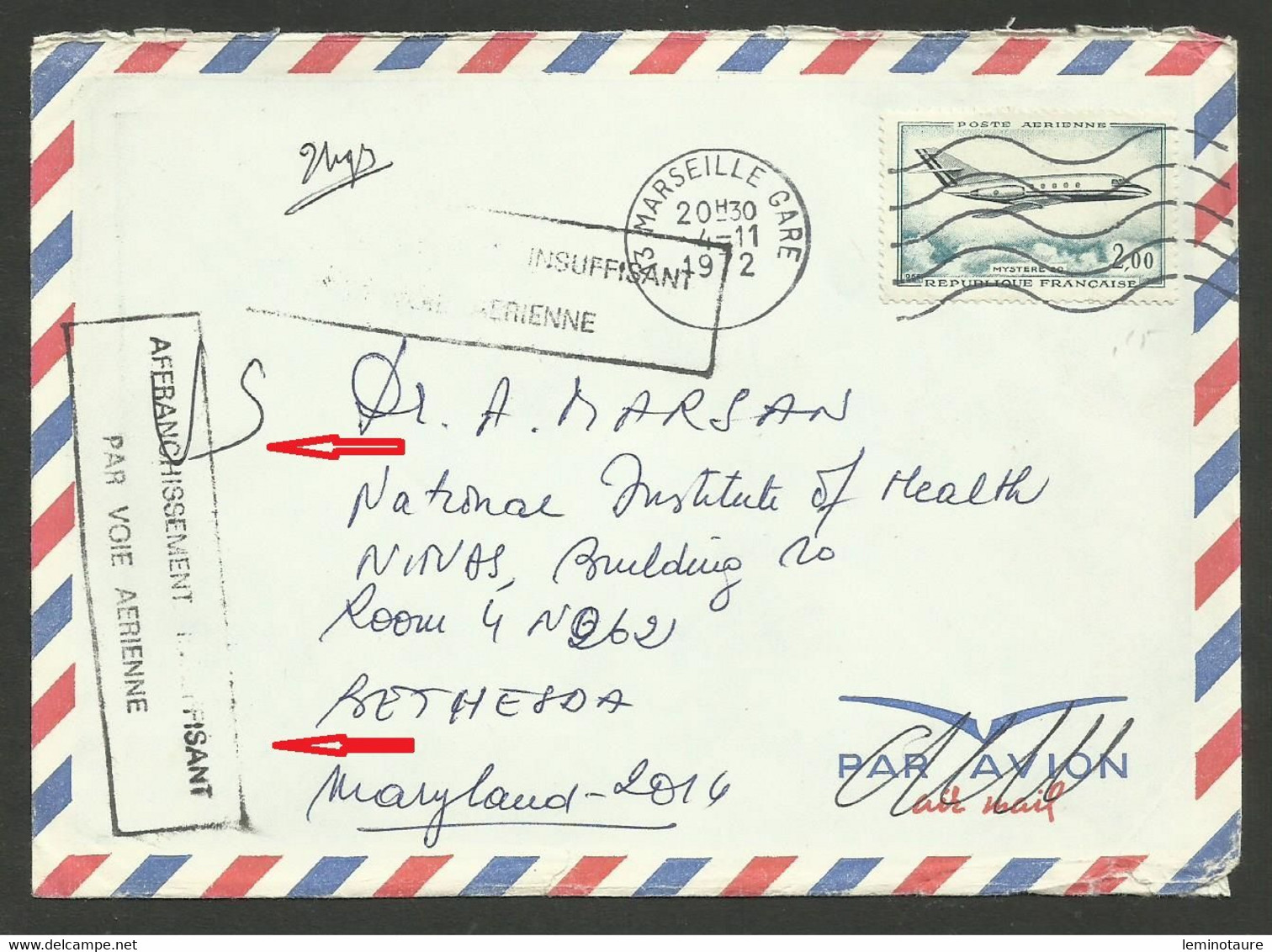 Cachet " Affranchissement Insuffisant Par Voie Aérienne " / Lettre Avion MARSEILLE 04.11.1972 >>> USA - Manual Postmarks