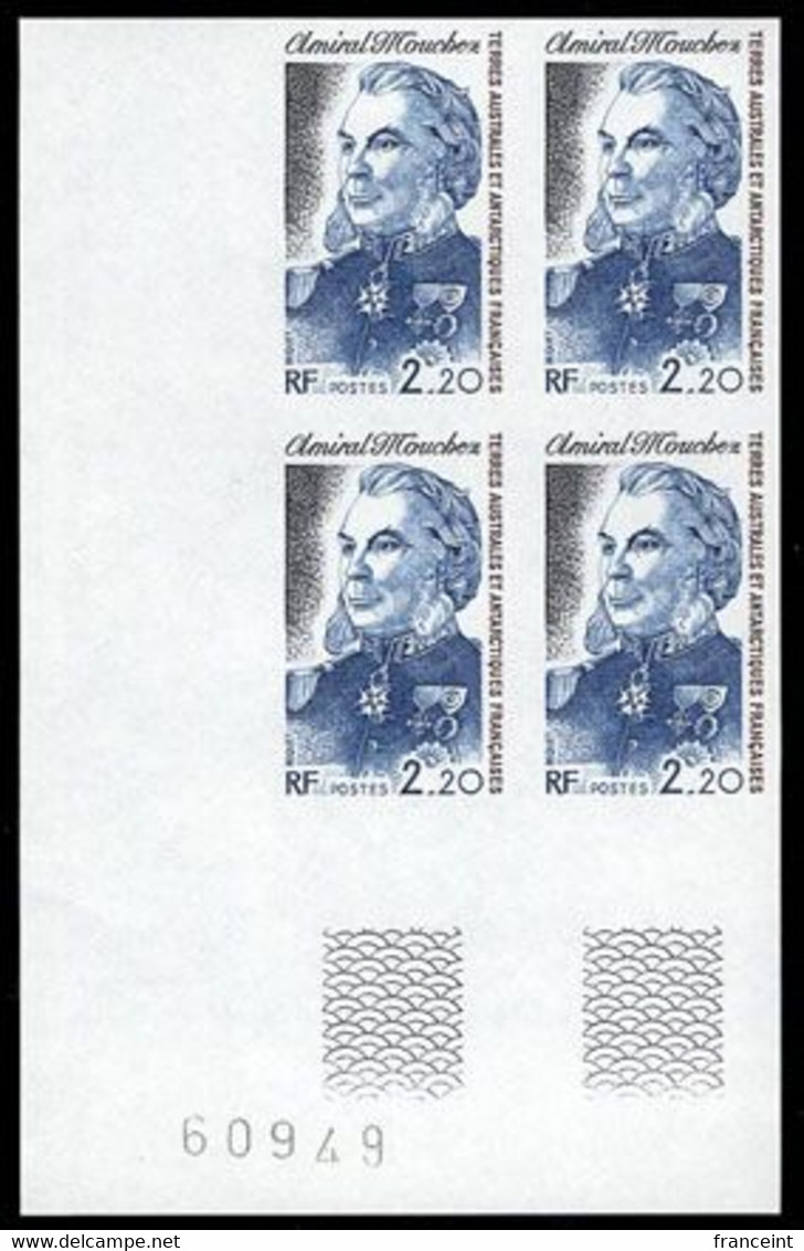 F.S.A.T. (1987) Admiral Mouchez. Corner Imperforate Block Of 4. Scott No 129, Yvert No 128. - Imperforates, Proofs & Errors