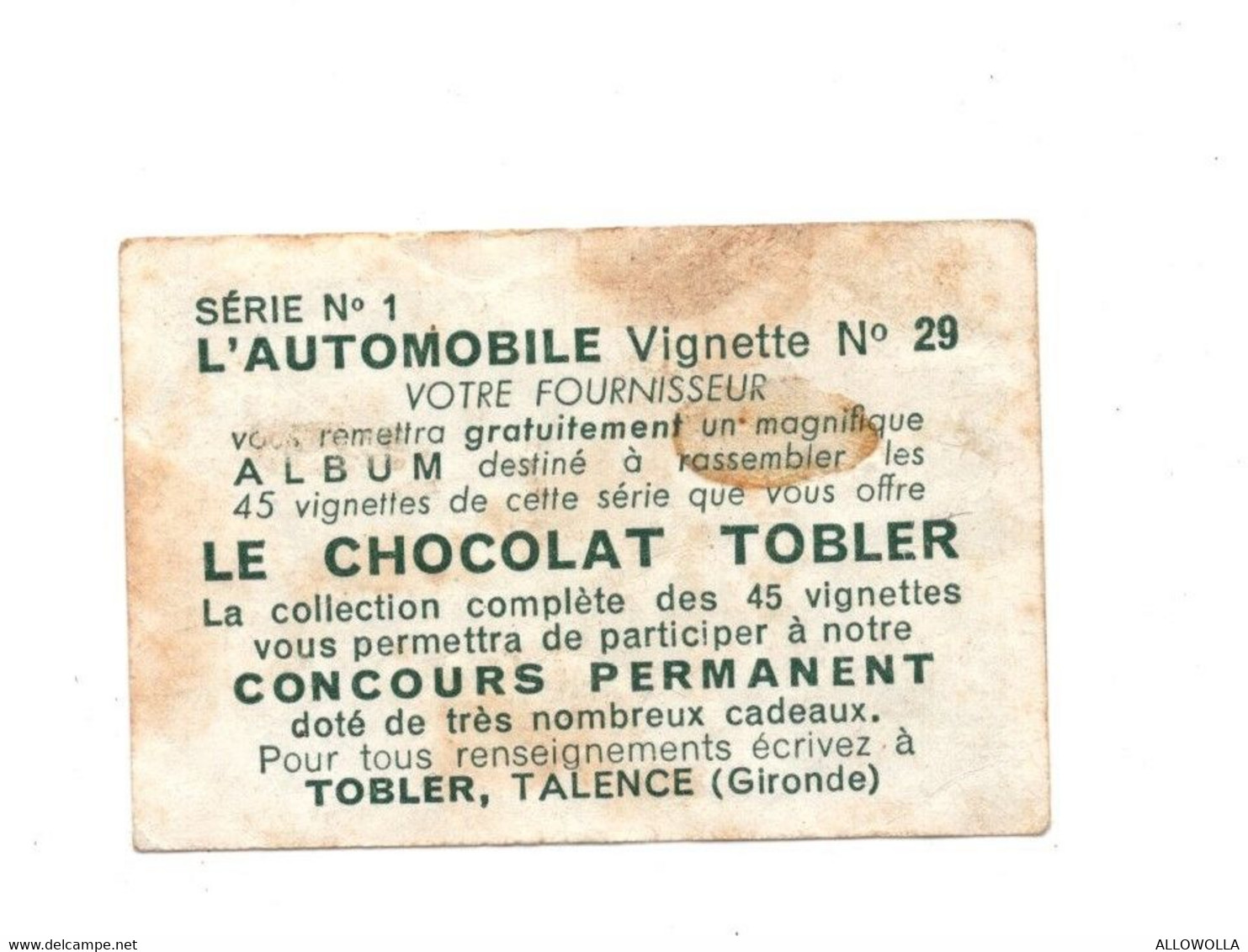 13540" L'AUTOMOBILE-VIGNETTE N° 29-LE CHOCOLAT TOBLER-SERIE N°1 " Cm 4,0 X 6,0 - Other & Unclassified