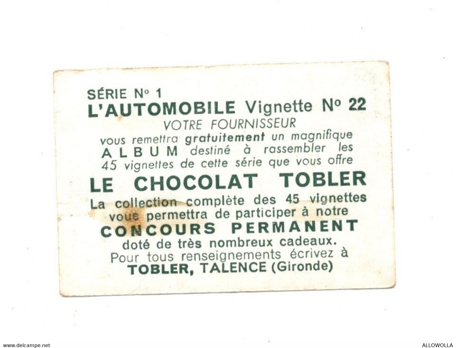 13547" L'AUTOMOBILE-VIGNETTE N° 22-LE CHOCOLAT TOBLER-SERIE N°1 " Cm 4,0 X 6,0 - Other & Unclassified