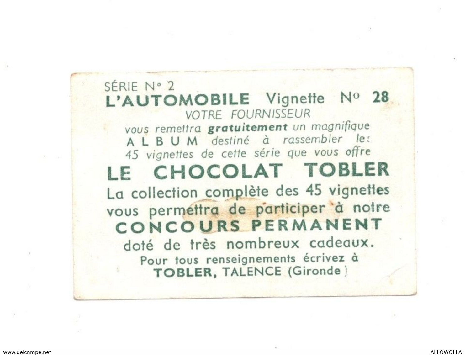 13550" L'AUTOMOBILE-VIGNETTE N° 28-LE CHOCOLAT TOBLER-SERIE N°2 " Cm 4,0 X 6,0 - Other & Unclassified