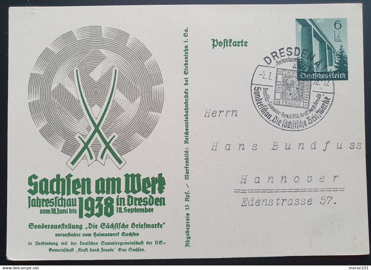 Deutsches Reich 1938, Postkarte P270 "Sachsen" DRESDEN Sonderstempel - Covers & Documents