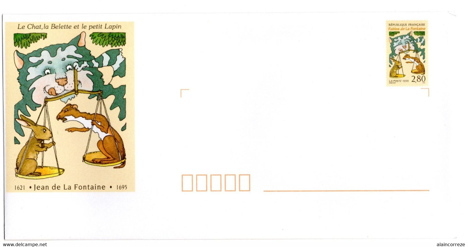 PAP Entier Postal Neuf Enveloppe + Sa Carte Jean De La Fontaine Le Chat La Belette Et Le Petit Lapin Balance - Prêts-à-poster:  Autres (1995-...)