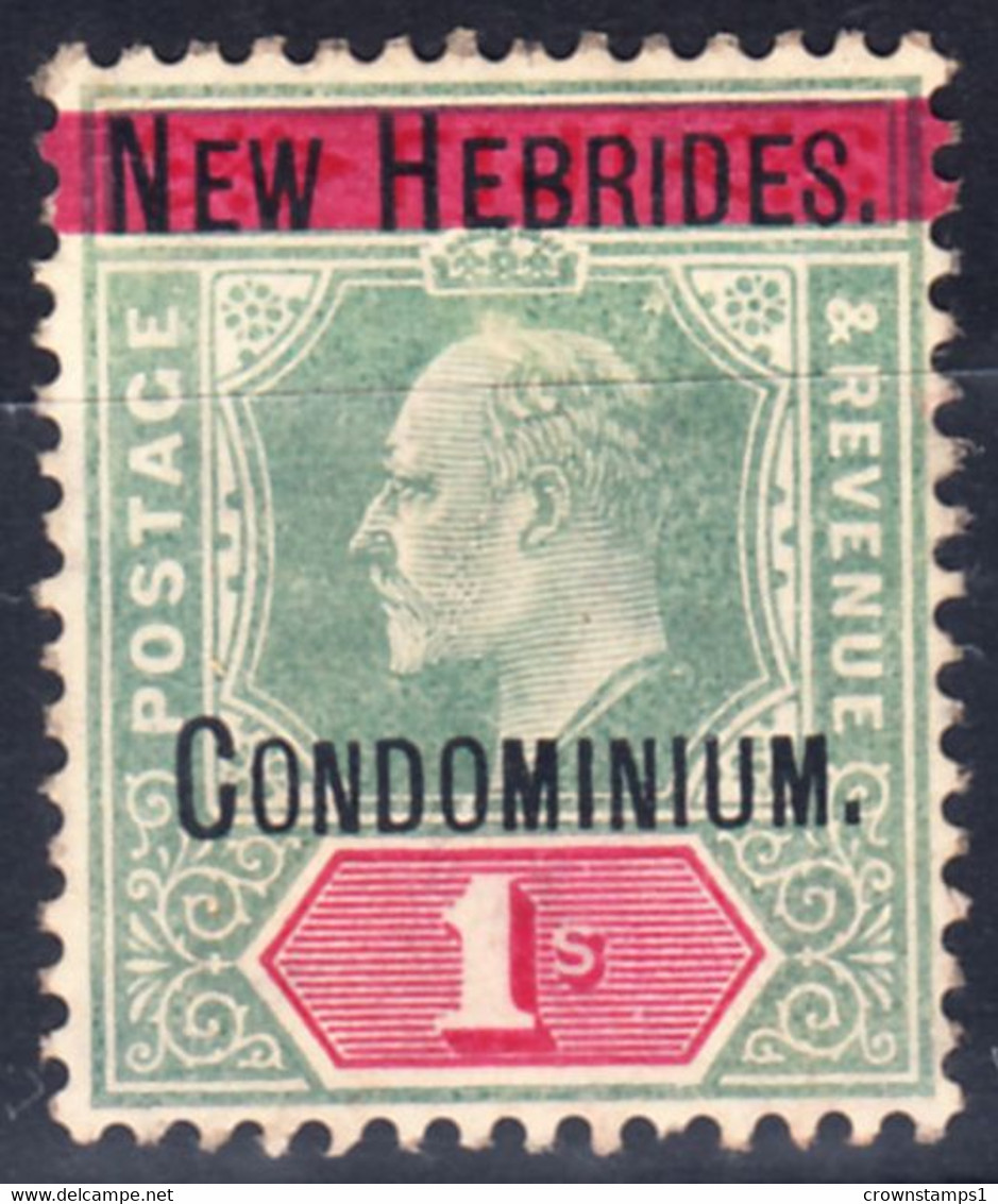 1908 BRITISH NEW HEBRIDES KEVII OVPTD 1/- GREEN & CARMINE (SG# 3) MH - Neufs