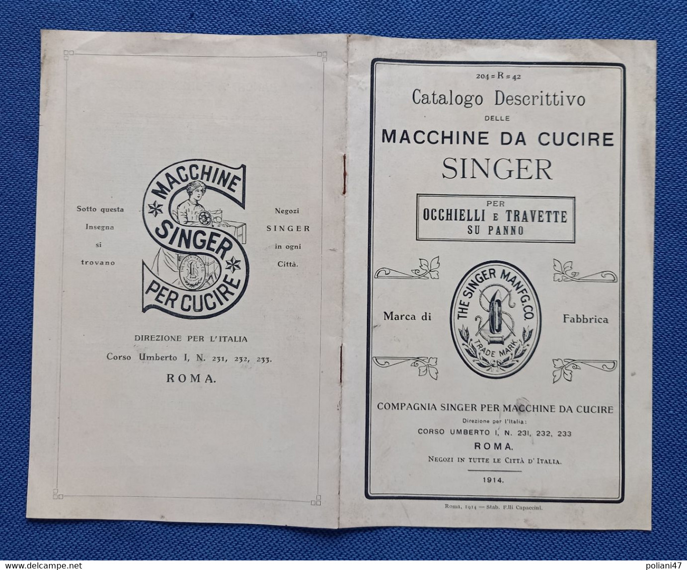 0587 "MACCHINE DA CUCIRE SINGER - PER OCCHIELLI E TRAVETTE SU PANNO - 1914" CATALOGO DESCRITTIVO - Other & Unclassified