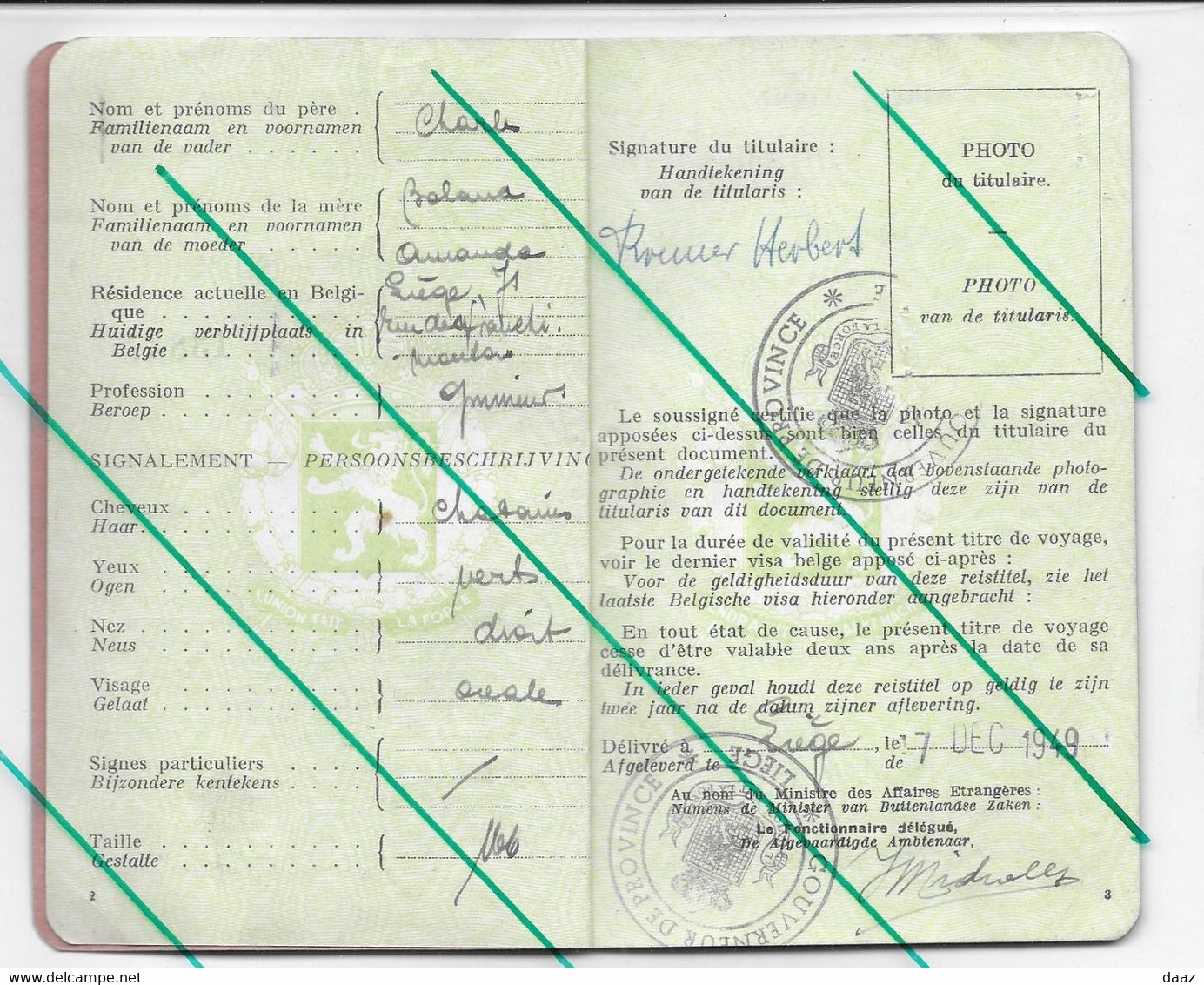 Belgique Titre De Voyage Passeport Passport 1949 Visas Allemagne - Unclassified