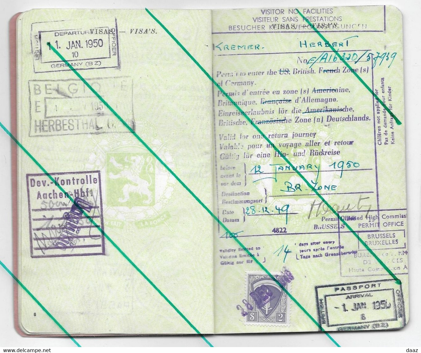 Belgique Titre De Voyage Passeport Passport 1949 Visas Allemagne - Unclassified