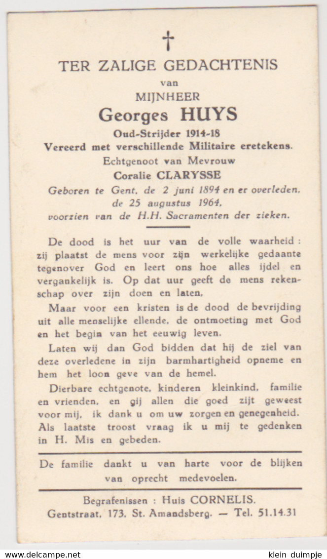 Doodsprentje Georges Huys. °Gent, +Gent. Echtgen. Clarysse. - Todesanzeige