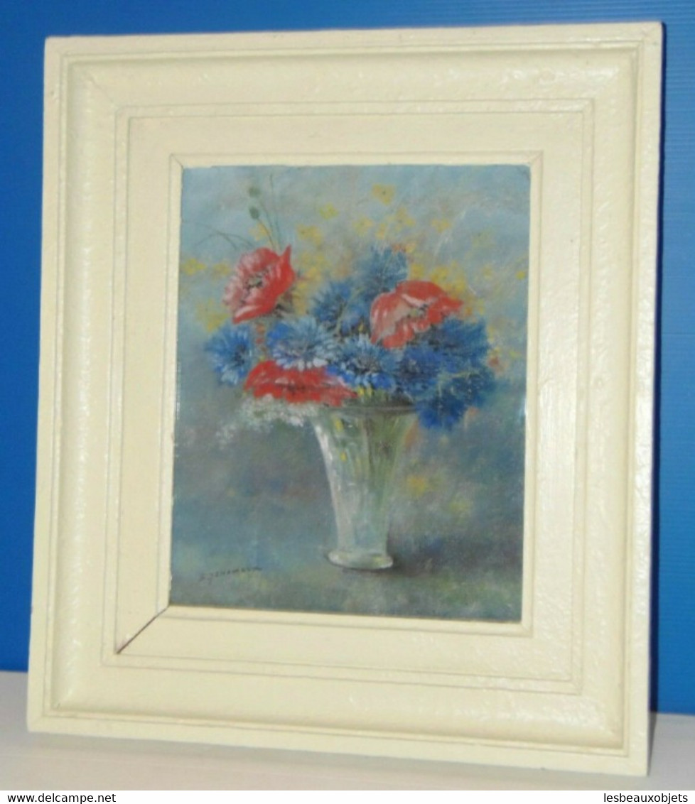 JOLI TABLEAU PASTEL BOUQUET FLEURS CHAMPÊTRES Signé G SENAMAUX Cadre Bois Peint - Pastel