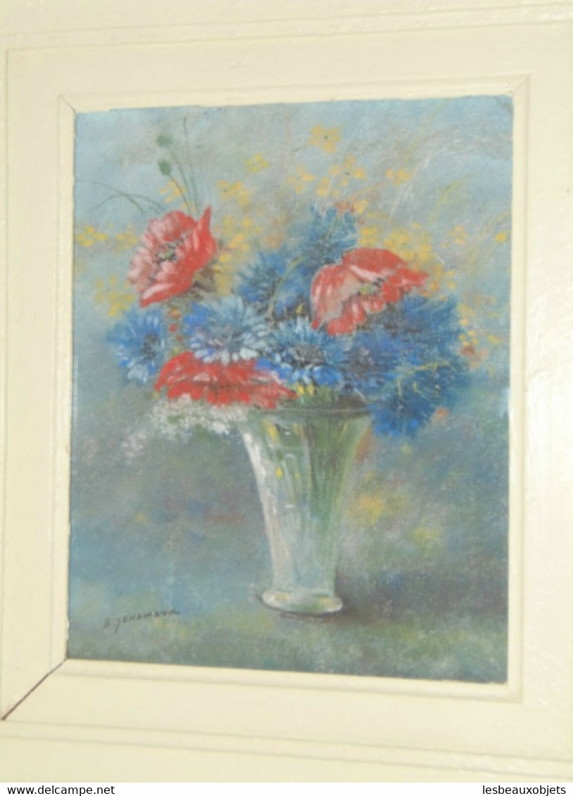 JOLI TABLEAU PASTEL BOUQUET FLEURS CHAMPÊTRES Signé G SENAMAUX Cadre Bois Peint - Pastels