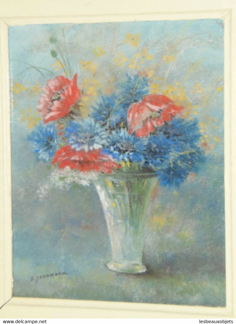 JOLI TABLEAU PASTEL BOUQUET FLEURS CHAMPÊTRES Signé G SENAMAUX Cadre Bois Peint - Pastell