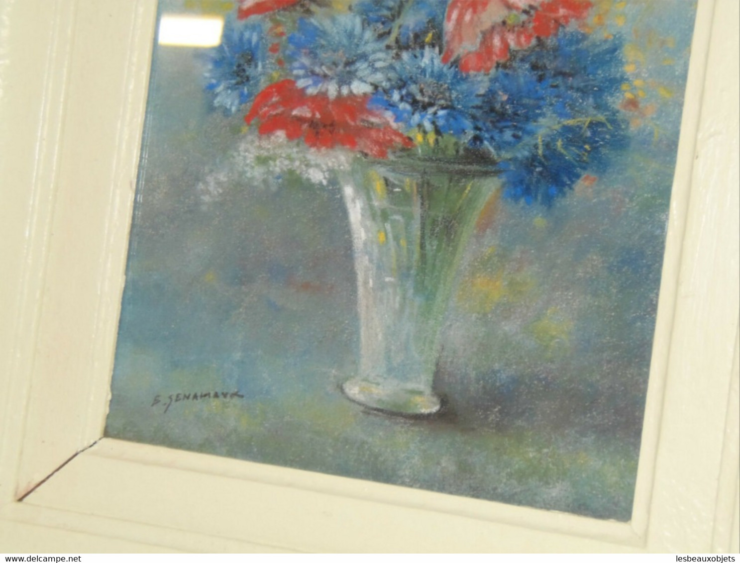 JOLI TABLEAU PASTEL BOUQUET FLEURS CHAMPÊTRES signé G SENAMAUX cadre bois peint