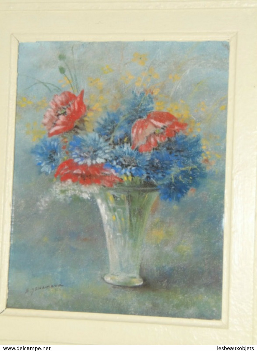 JOLI TABLEAU PASTEL BOUQUET FLEURS CHAMPÊTRES signé G SENAMAUX cadre bois peint