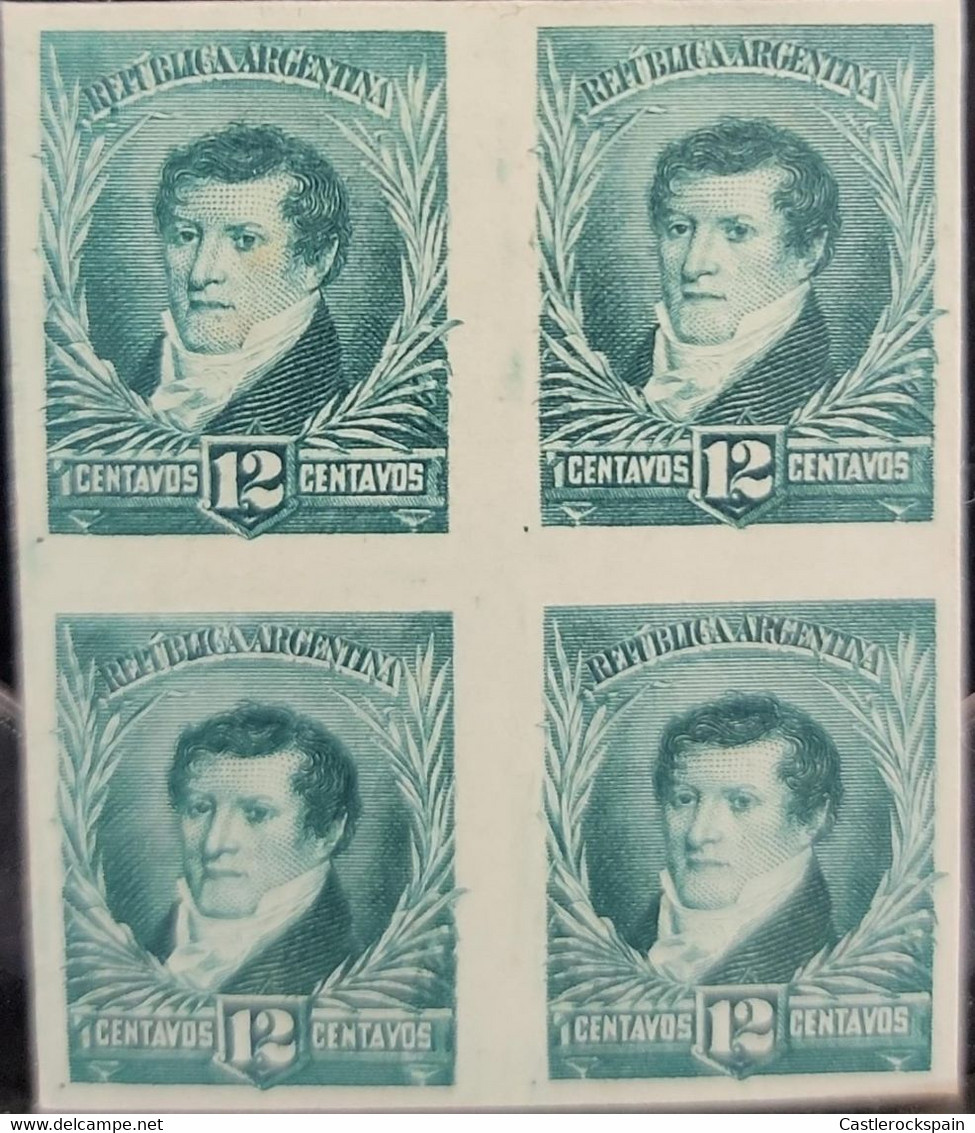 O) 1893 ARGENTINA, DIE PROOF CARDBOARD, MANUEL BELGRANO SCT 131  12c Olive Green, VIRREINATO RIO DE LA PLATA, BLOCK, XF - Unused Stamps