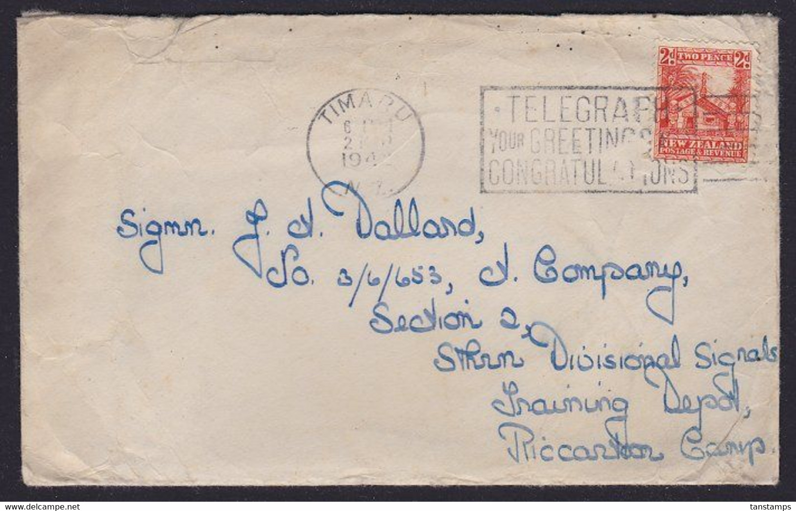 NZ - NZEF 1943 WWII CENSORED LETTER 1935 2d WHARE SOLO FRANKING - Covers & Documents