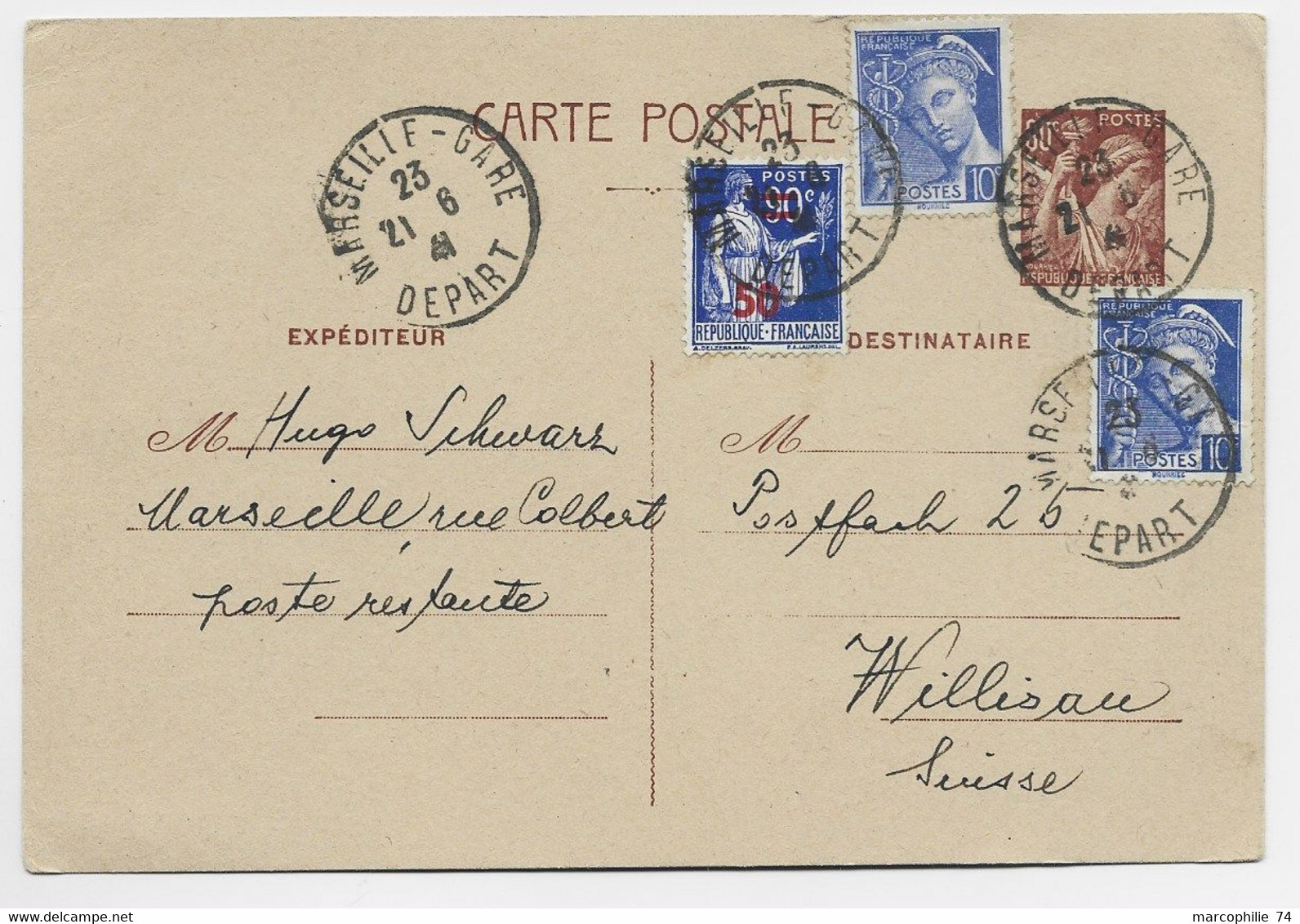 FRANCE  ENTIER IRIS 80C CP + MERCURE 10CX2+50C PAIX MARSEILLE GARE DEPART 21.6.1941 POUR SUISSE AU TARIF - 1921-1960: Periodo Moderno