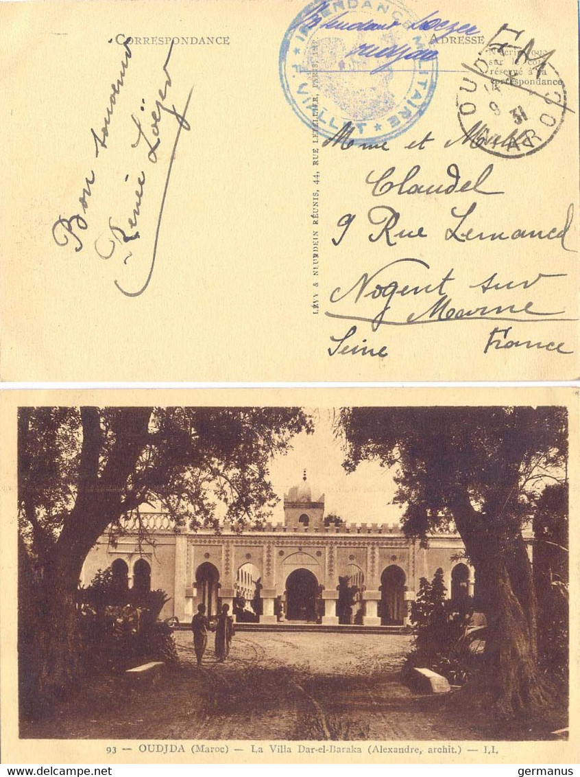 MAROC OUDJDA TàD 1931 - INTENDANCE MILITAIRE ★ F. VIALLET ★ - Military Postmarks From 1900 (out Of Wars Periods)