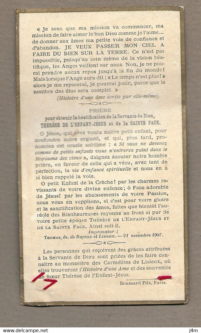 IMAGE PIEUSE RELIQUAIRE.. Etoffe Ayant Touché à SAINTE THERESE De LISIEUX (14) - Devotieprenten