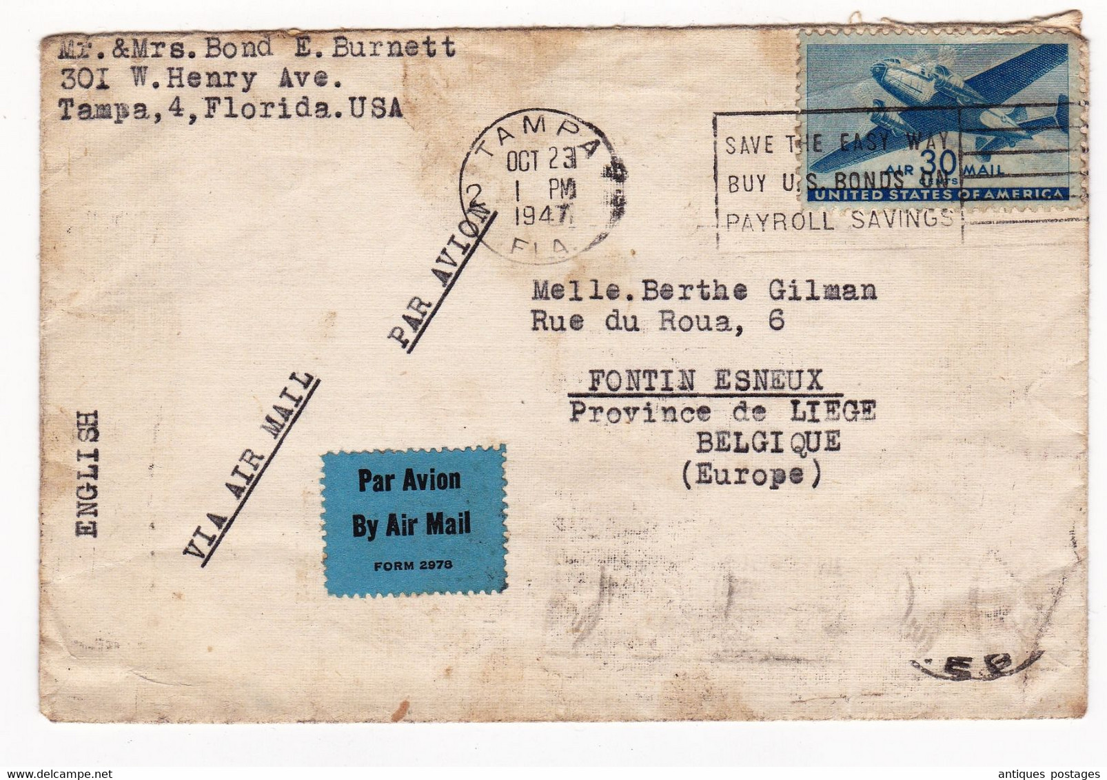 Lettre Tampa Florida 1947 USA Fontin Esneux Belgique Liège Air Mail Poste Aérienne - 2a. 1941-1960 Used