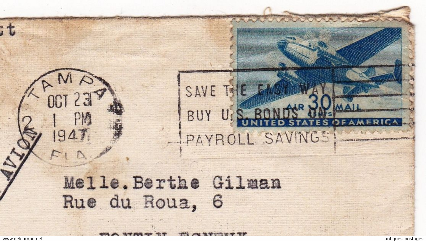 Lettre Tampa Florida 1947 USA Fontin Esneux Belgique Liège Air Mail Poste Aérienne - 2a. 1941-1960 Usati