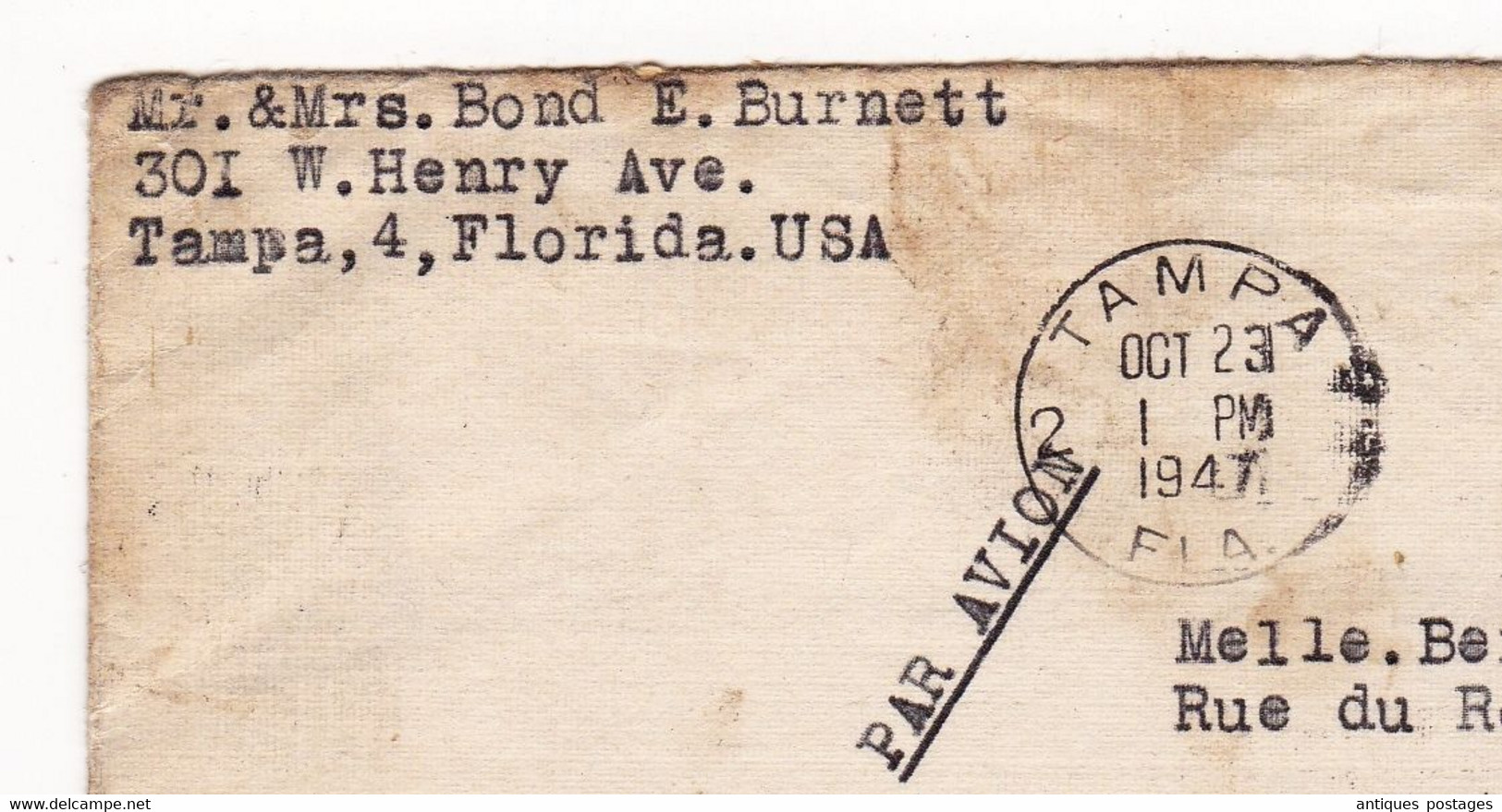 Lettre Tampa Florida 1947 USA Fontin Esneux Belgique Liège Air Mail Poste Aérienne - 2a. 1941-1960 Usati