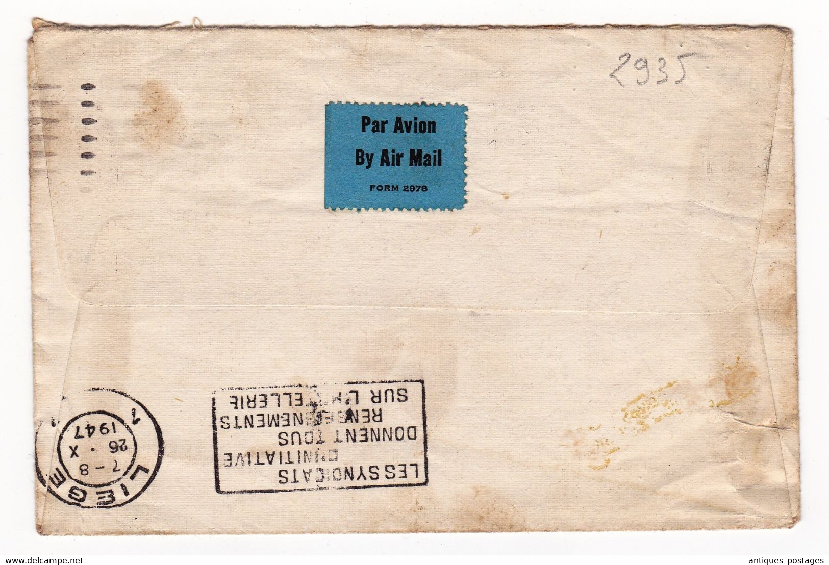 Lettre Tampa Florida 1947 USA Fontin Esneux Belgique Liège Air Mail Poste Aérienne - 2a. 1941-1960 Gebraucht