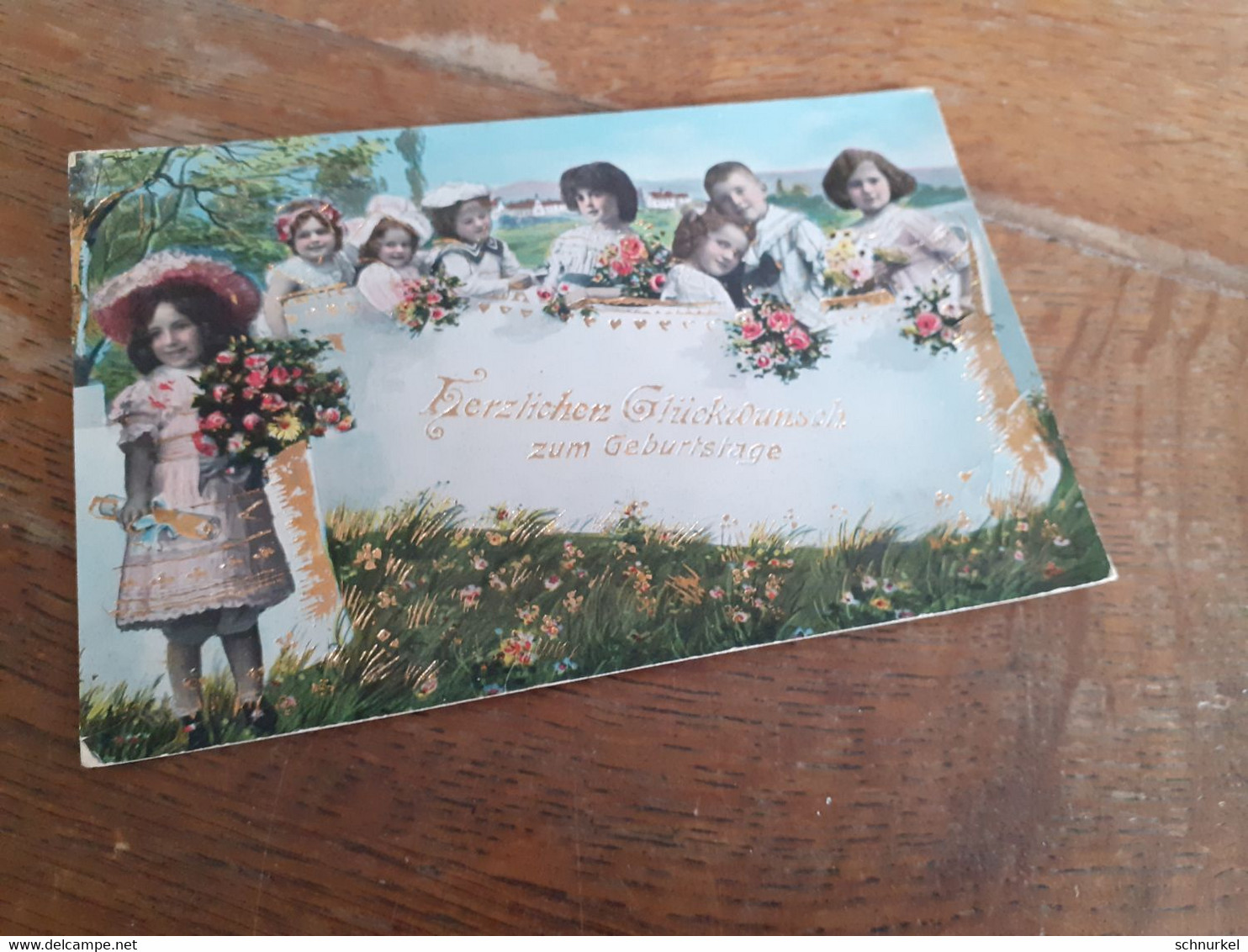 HERZLICHE GLUECKWUENSCHE ZUm GEBURTSTAG - KINDER SCHAR GRATULIERT - ROECKCHEN - BLUMEN - 1916 - Compleanni