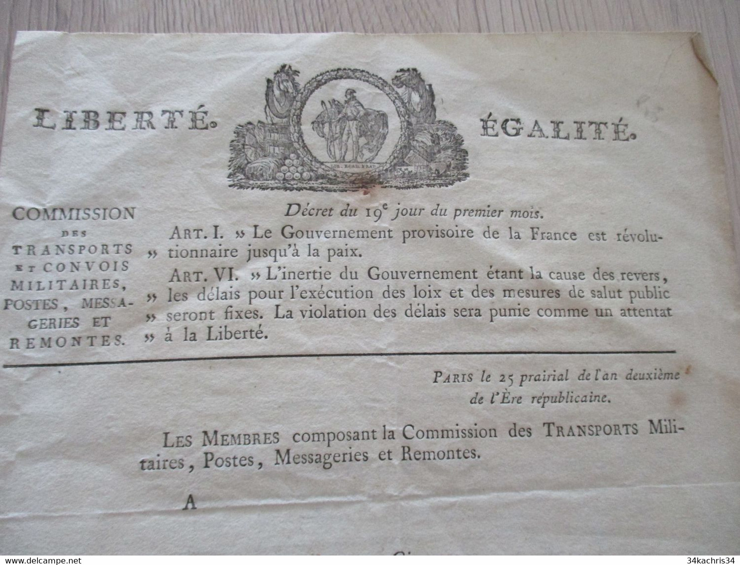 Décret Révolution AN II Transports Militaires Postes Messageries Belle Vignette Michaud Lemercier - Decrees & Laws