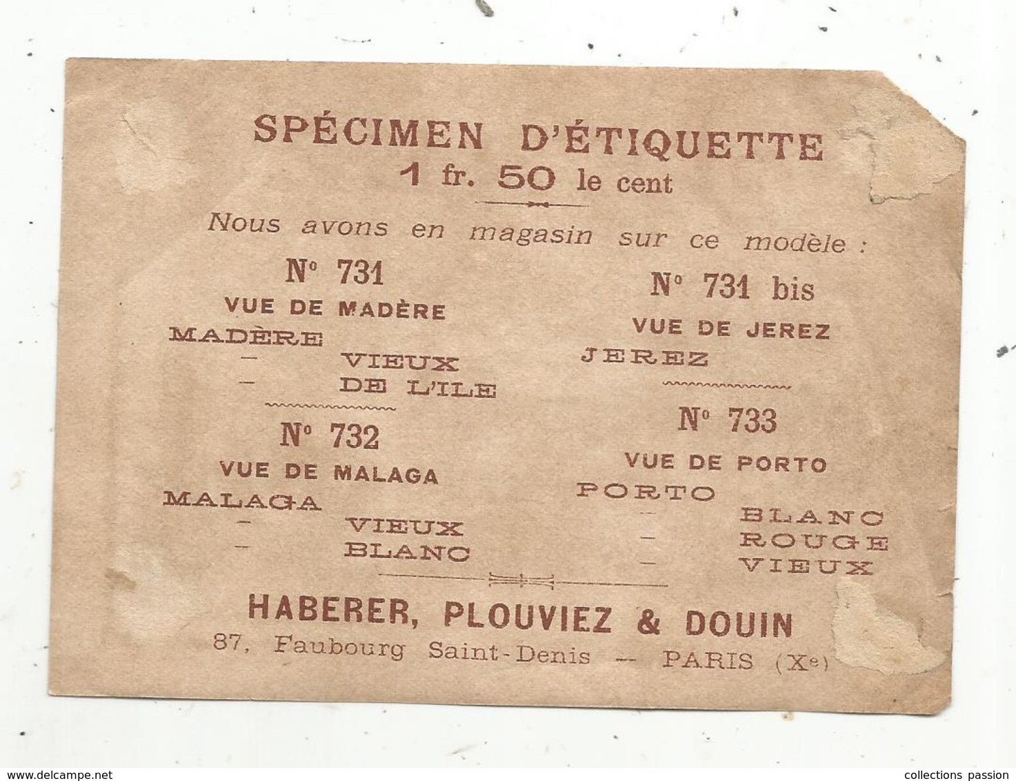 étiquette De Vin  , JEREZ ,importation Directe, Specimen ,Haberer ,Plouviez & Douin , 2 Scans - Andere & Zonder Classificatie