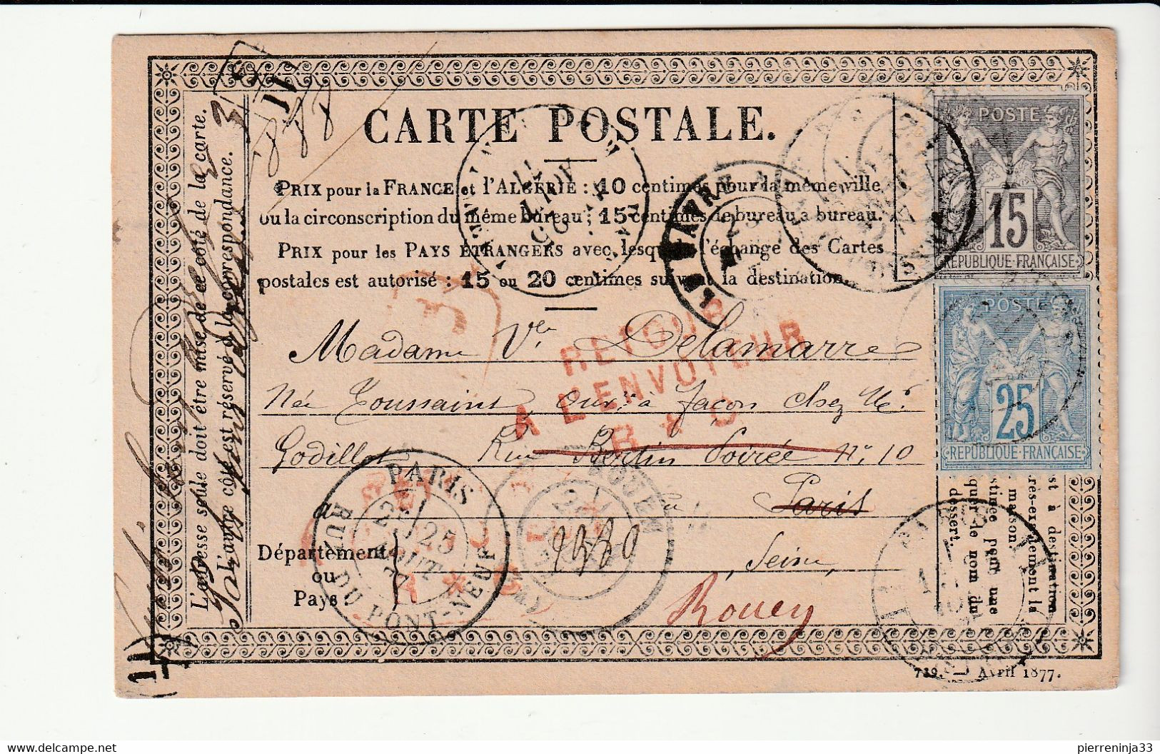 Carte Précurseur Recommandée Avec Type Sage, N°77et 78 + "Retour à L'envoyeur", 1877 - 1876-1898 Sage (Type II)