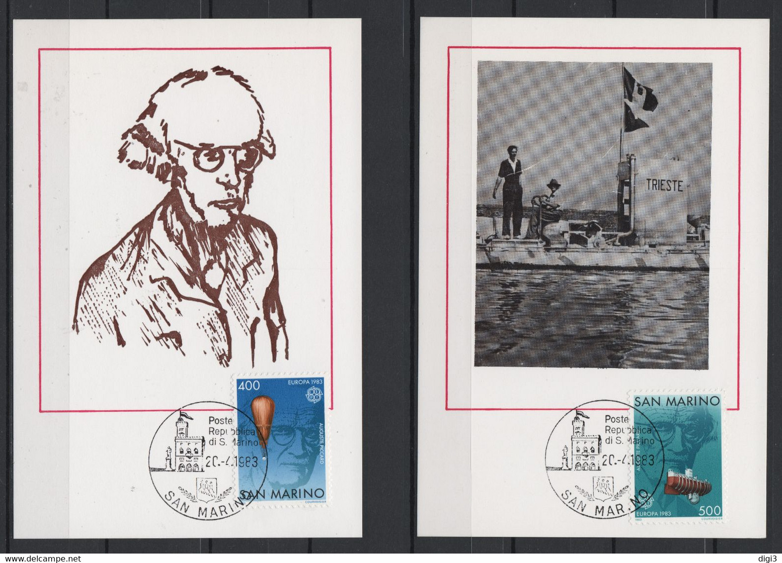 San Marino, 1983, 2 Cartoline Maximum, Auguste Piccard, FDC 20-4-83 - Brieven En Documenten