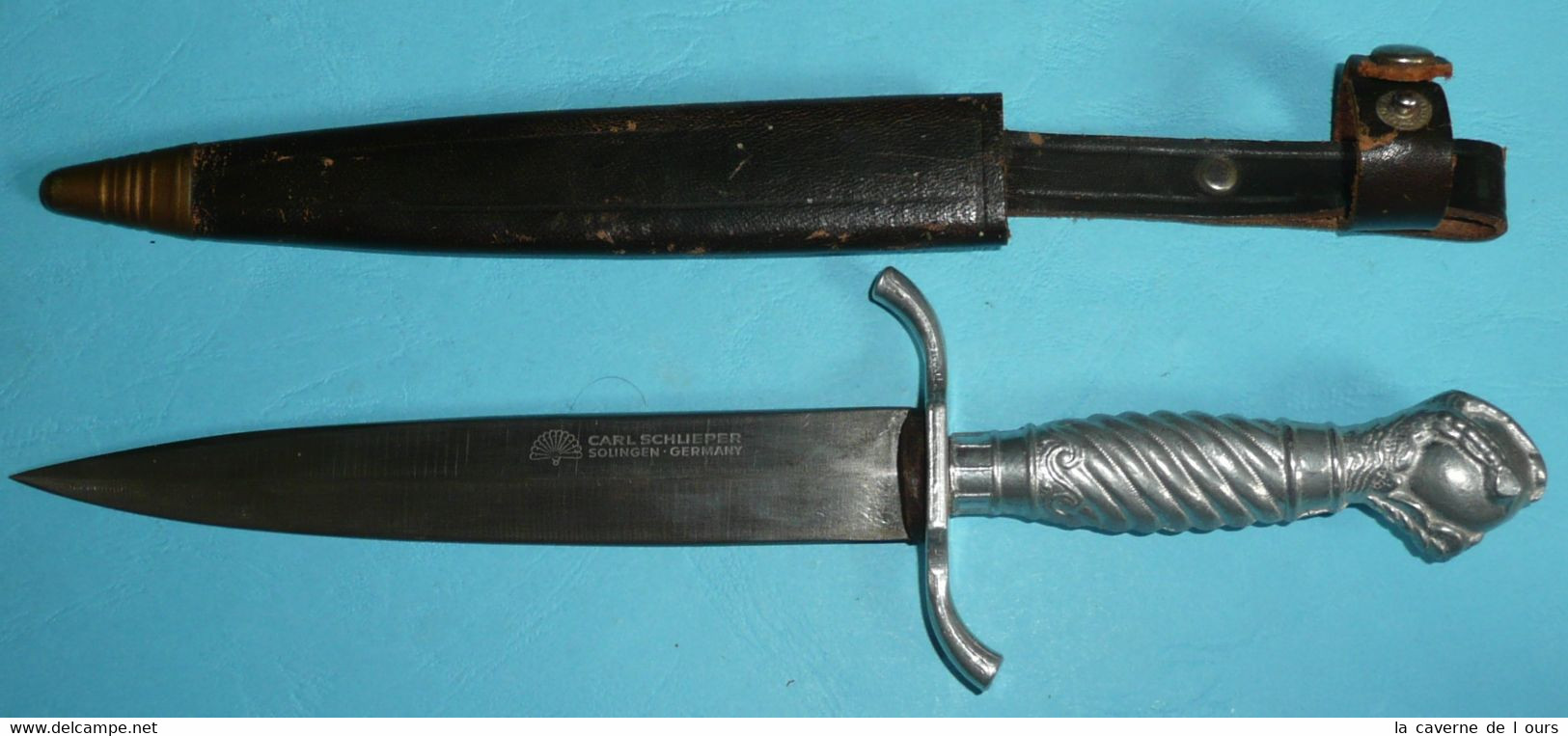 Rare Couteau Chasse Militaria, Carl SCHLIEPER Solingen, Housse étui Cuir Avec Embout En Métal Germany, Dague - Knives/Swords